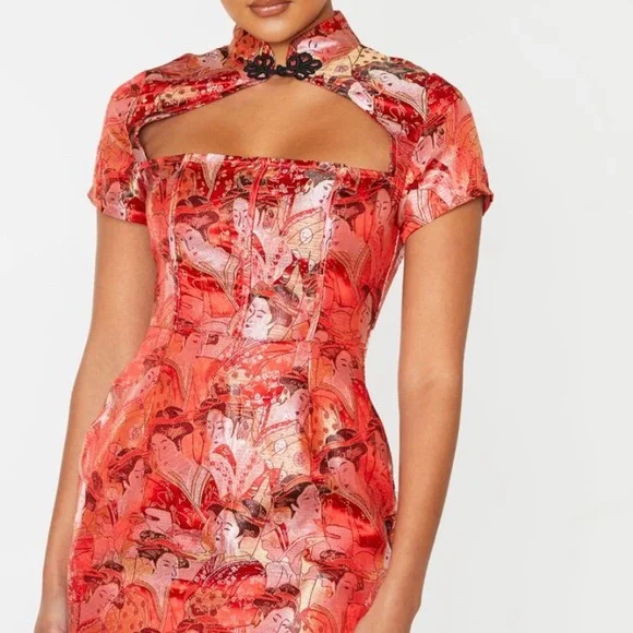 Red Oriental High-neck Jacquard Bodycon Dress